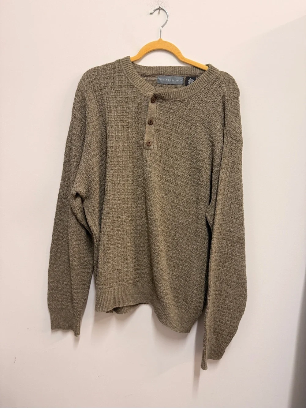 Oscar de la Renta Olive/Tan Waffle Knit Henley Sweater